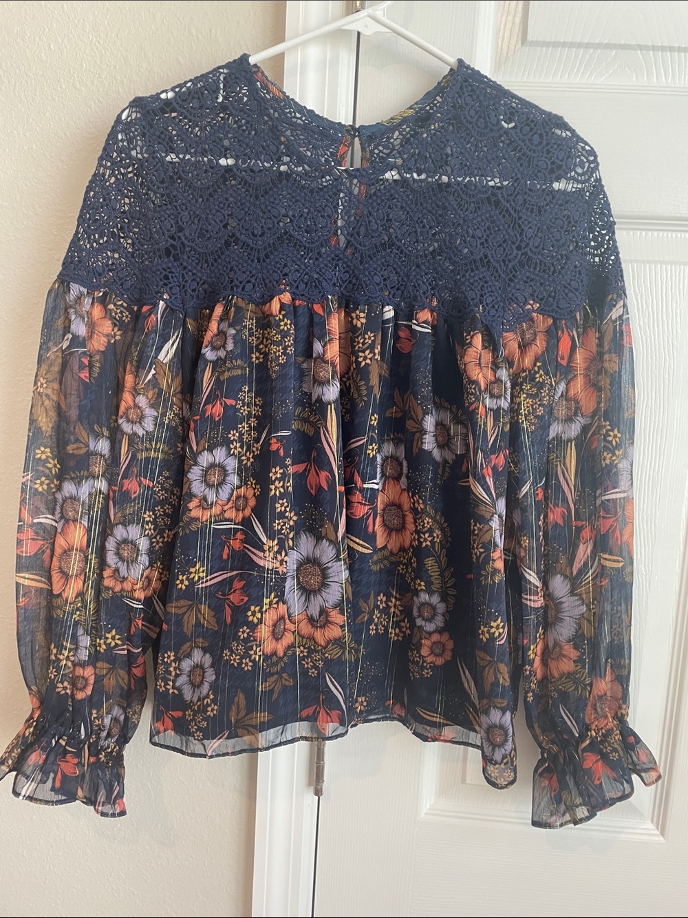 Anthropologie Navy Floral Lace Yoke Peasant Blouse